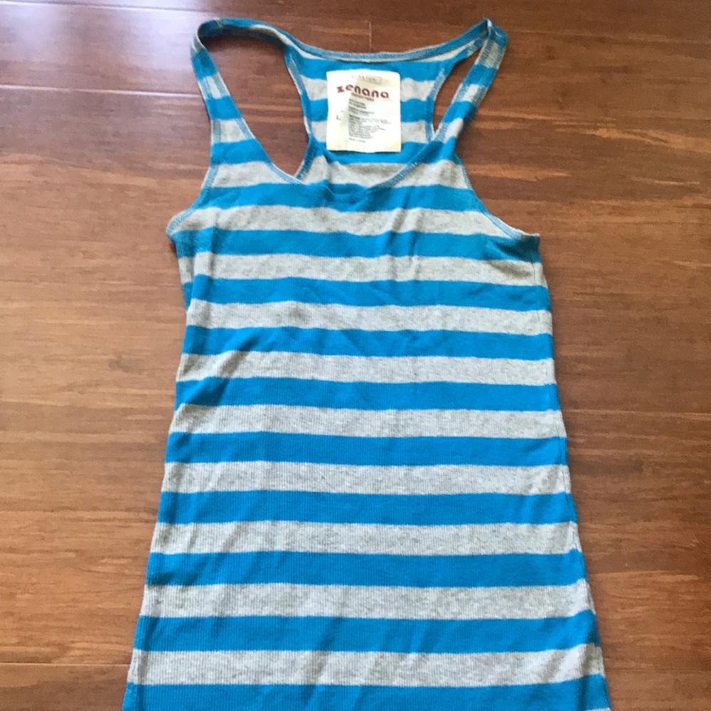 Blue and gray striped tank